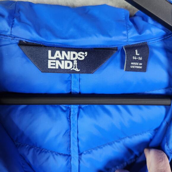 Lands End Wanderweight Puffer Jacket Womens L 14-16 Packable Zip Hood Blue - Picture 3 of 15